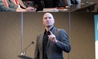 Mid-talk, at the microphone