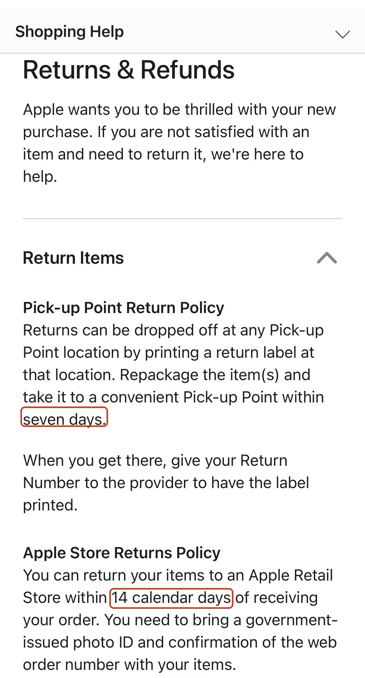 Apple's Returns & Refunds page, showing a seven-day return window for the Pick-up Point Return Policy and a 14 calendar day window for the Apple Store Returns Policy, both highlighted