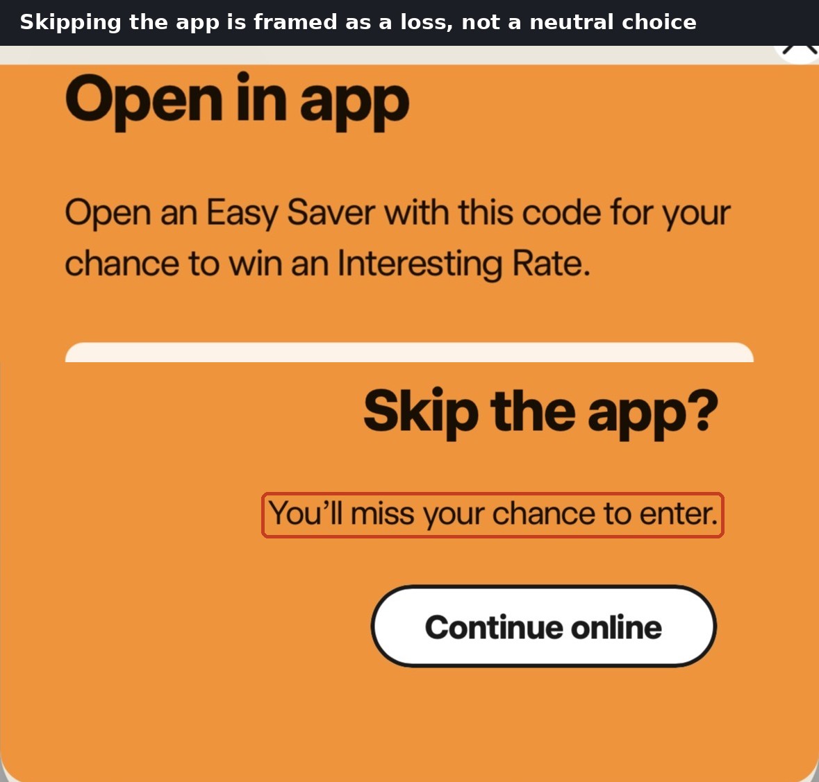 Bankwest app-download screen reading 'Skip the app? You'll miss your chance to enter.' above a Continue online button