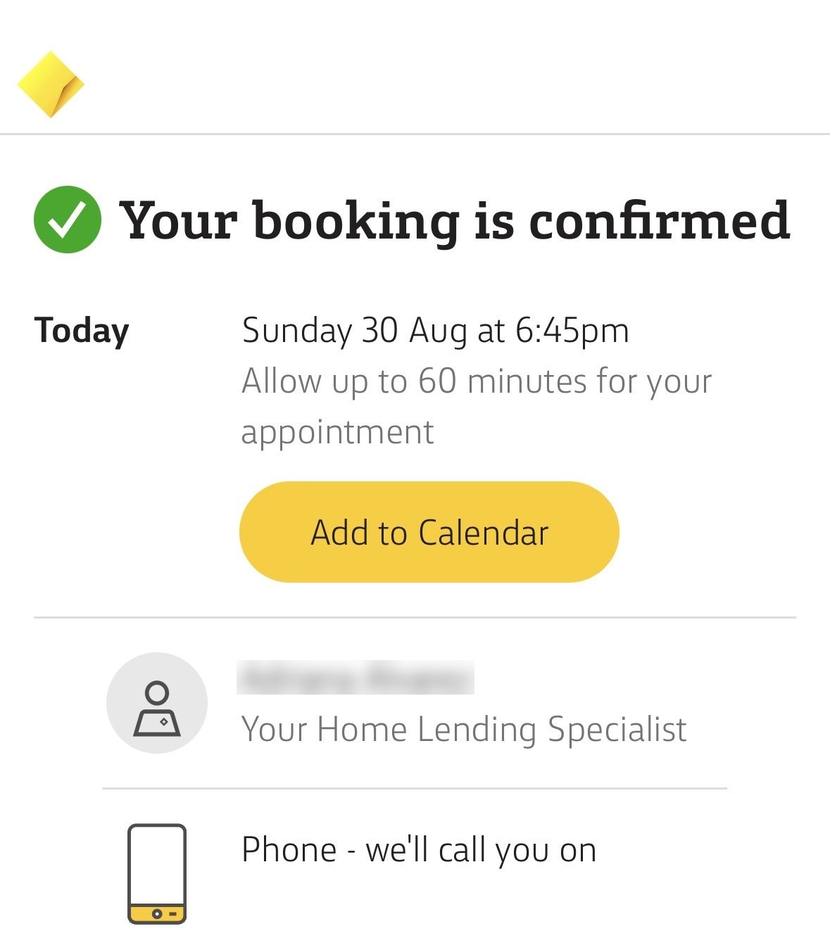 Commonwealth Bank appointment confirmation screen showing the booked time and the assigned home lending specialist, with the specialist's name blurred