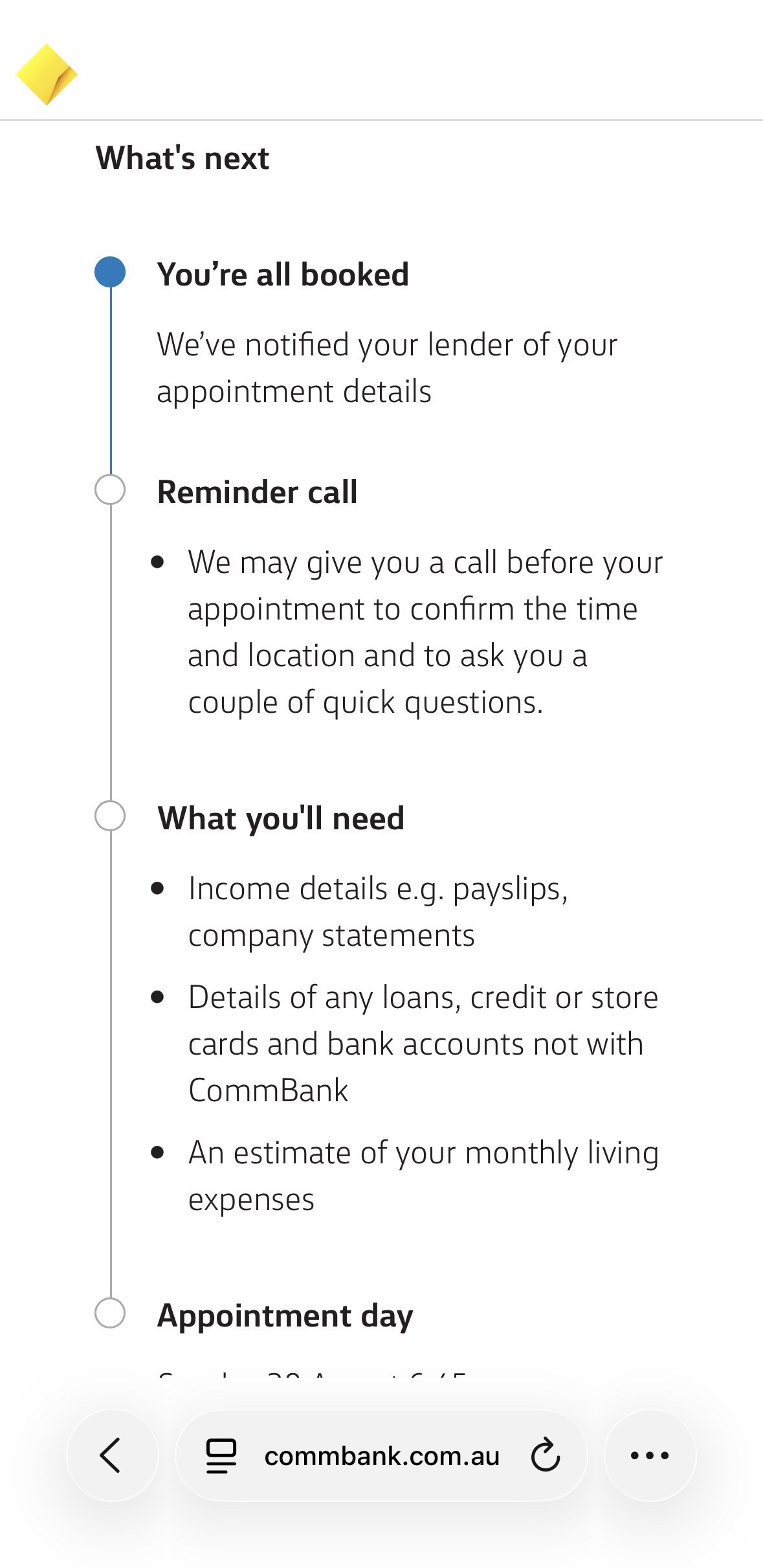 Commonwealth Bank booking confirmation What's Next section, showing a reminder call step and a checklist of documents to have ready