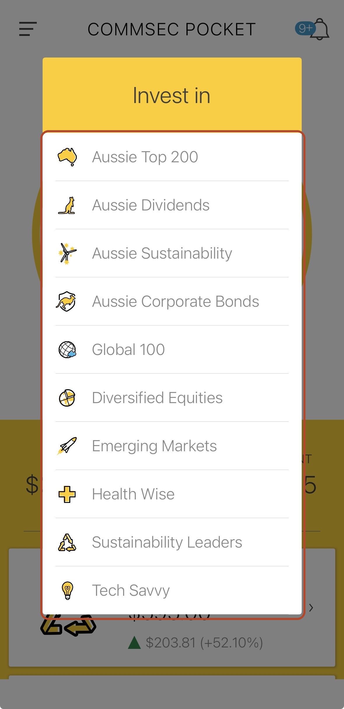 CommSec Pocket's Invest in menu, showing ten flat investment options (Aussie Top 200, Aussie Dividends, Aussie Sustainability, Aussie Corporate Bonds, Global 100, Diversified Equities, Emerging Markets, Health Wise, Sustainability Leaders, Tech Savvy) with the full list outlined