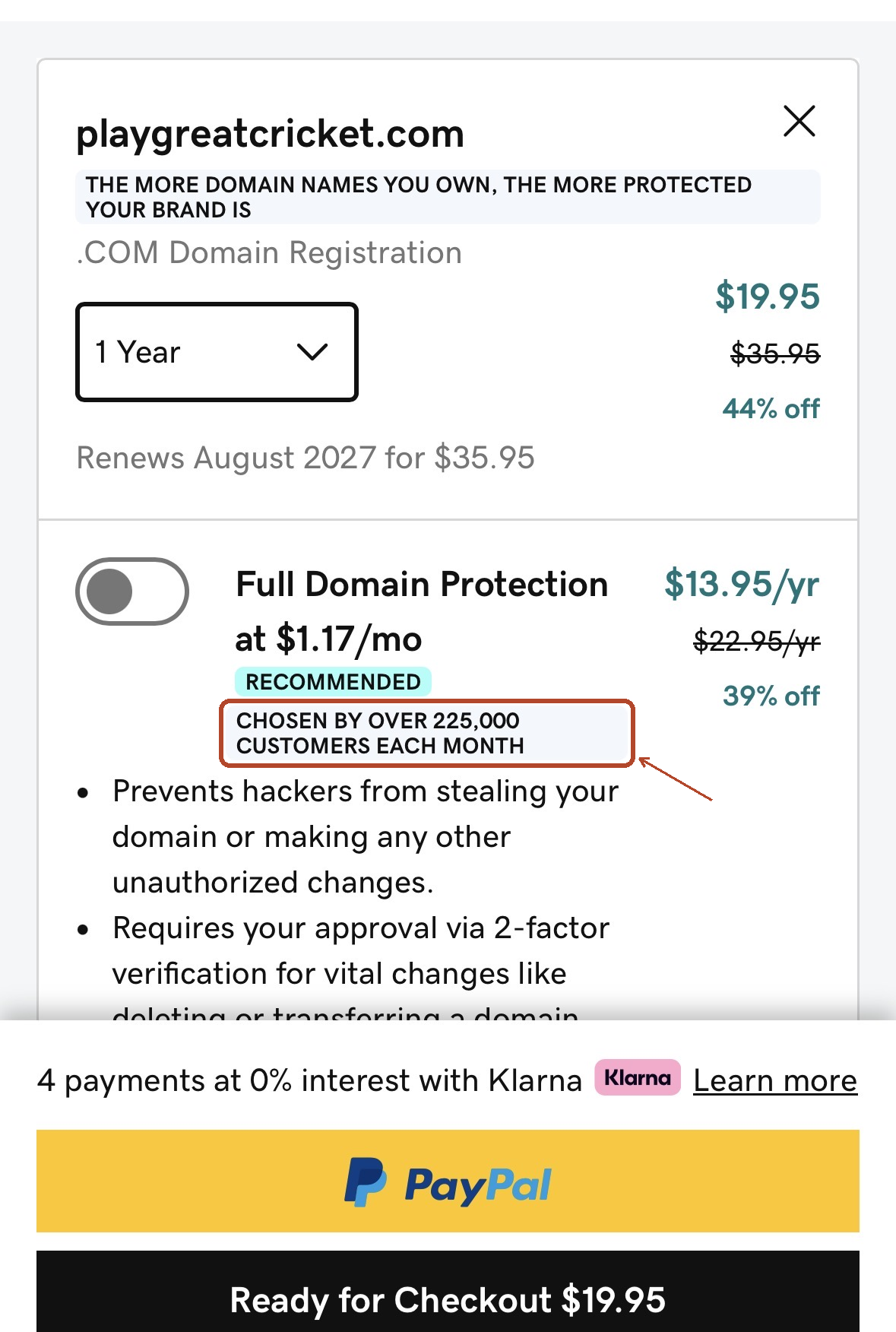 A GoDaddy domain checkout upsell for "Full Domain Protection" at $13.95 per year, with a badge reading CHOSEN BY OVER 225,000 CUSTOMERS EACH MONTH highlighted