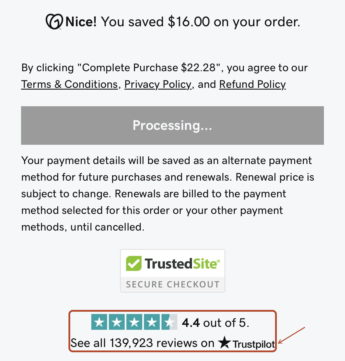 The same GoDaddy checkout's order summary screen, showing a 4.4 out of 5 Trustpilot rating from 139,923 reviews, highlighted