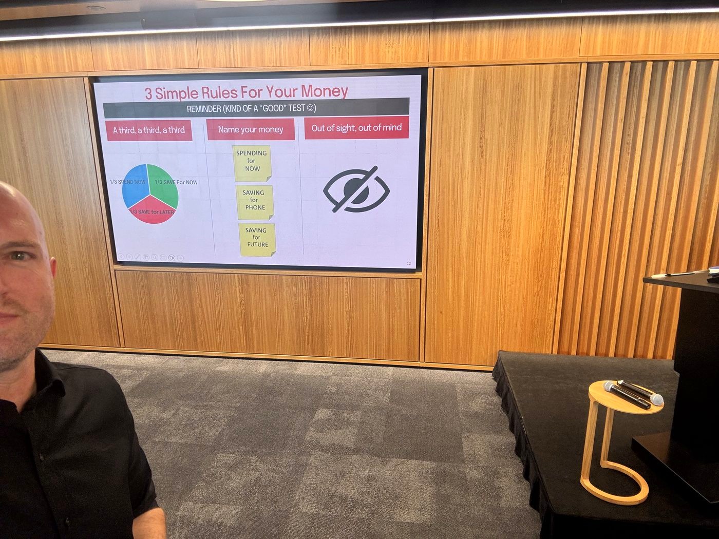 The “3 Simple Rules For Your Money” slide on screen