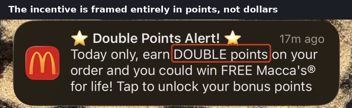 McDonald's app push notification reading 'Double Points Alert! Today only, earn DOUBLE points on your order and you could win FREE Macca's for life!'