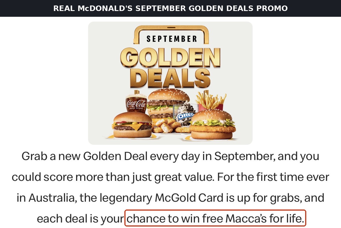 McDonald's Australia's September Golden Deals page reading &ldquo;each deal is your chance to win free Macca's for life&rdquo;