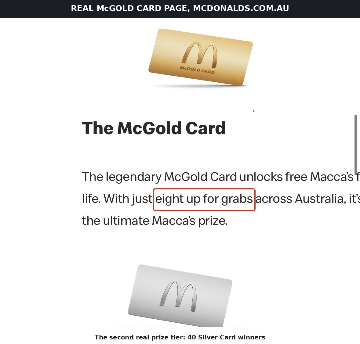 McDonald's Australia's McGold Card page reading &ldquo;With just eight up for grabs across Australia&rdquo;