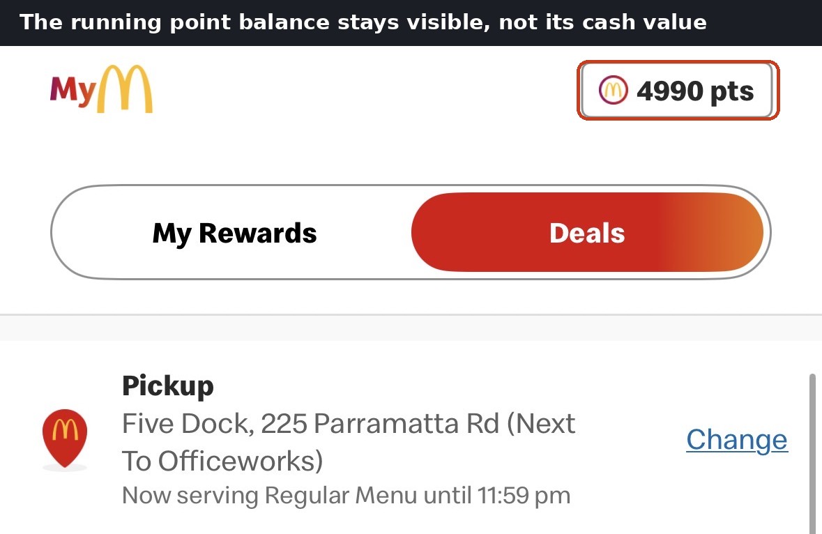 McDonald's app Deals screen showing a running balance of 4990 pts in the top corner