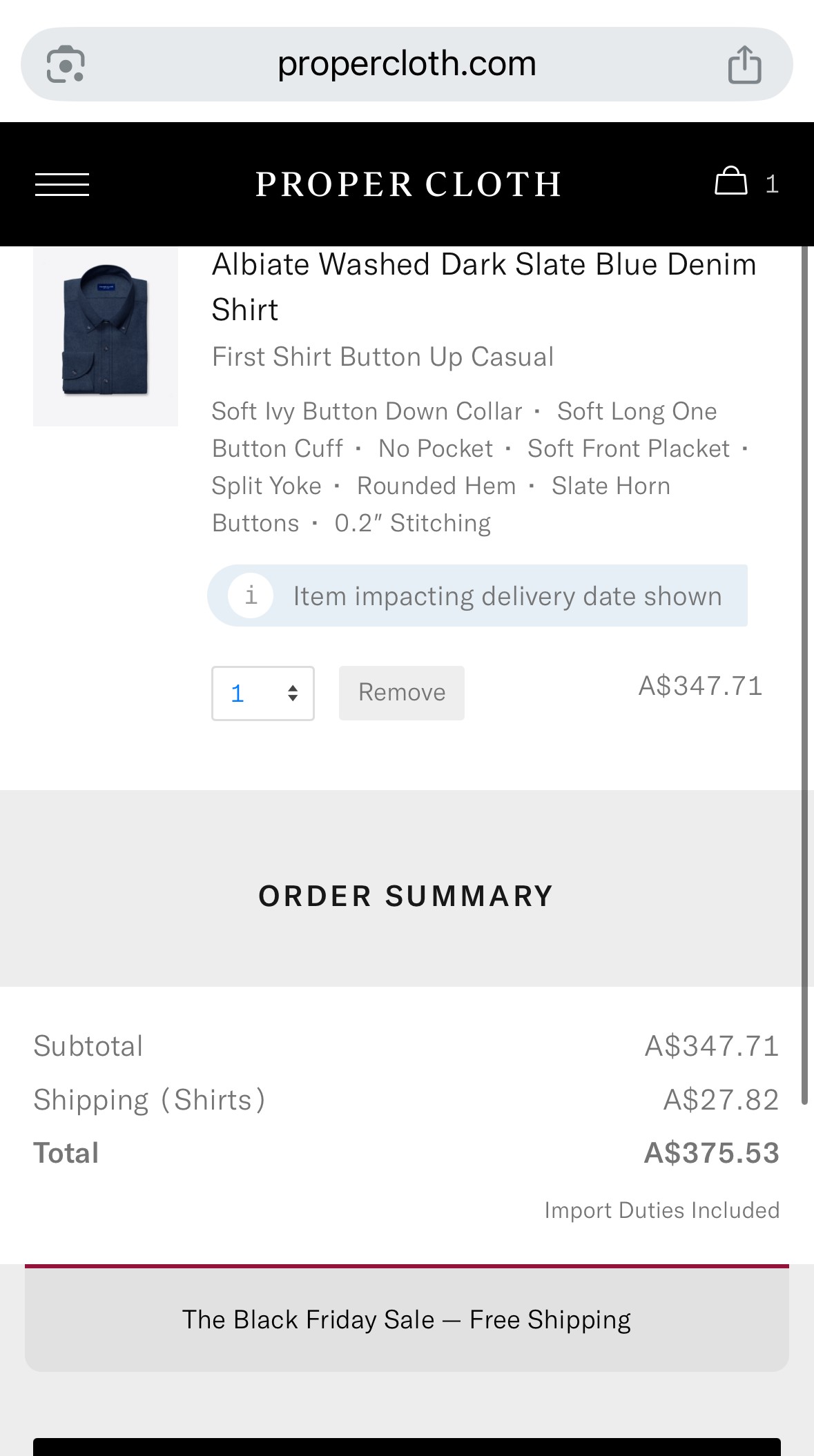 Proper Cloth checkout screen for an Albiate washed dark slate blue denim shirt, total A$375.53