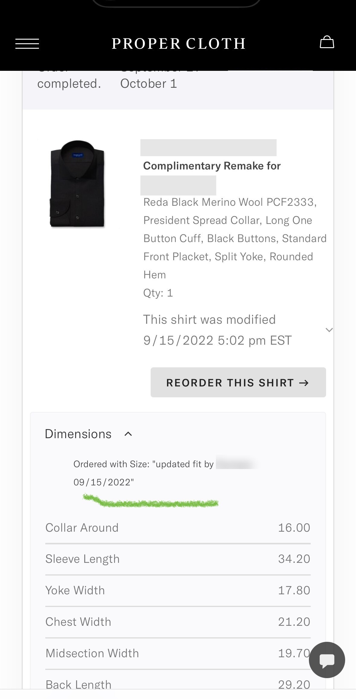 Proper Cloth order history showing a complimentary remake with updated fit dimensions, the staff member's name blurred