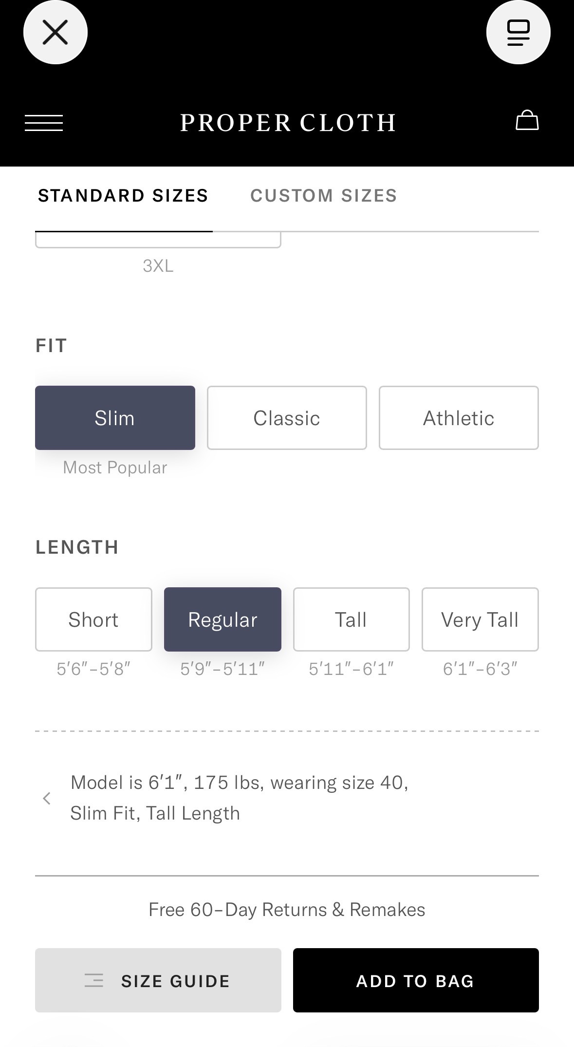 Proper Cloth's sizing screen showing the Slim fit tagged &ldquo;Most Popular&rdquo; and a &ldquo;Free 60-Day Returns & Remakes&rdquo; guarantee above the Add to Bag button