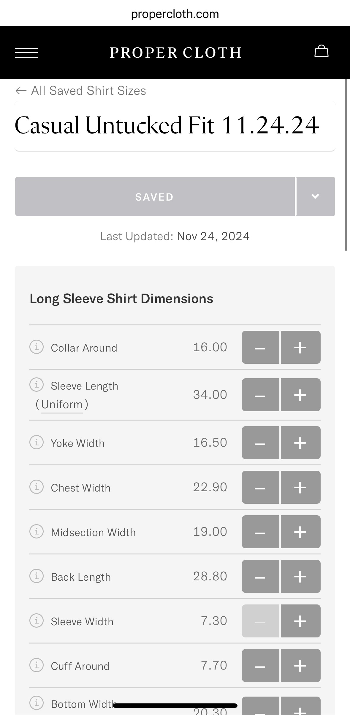 Proper Cloth saved shirt size profile showing real collar, sleeve, chest and other dimensions