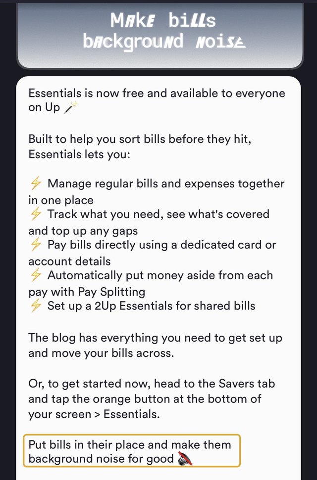 Up's in-app 'What's New' announcement for Essentials, the closing line boxed: 'Put bills in their place and make them background noise for good'