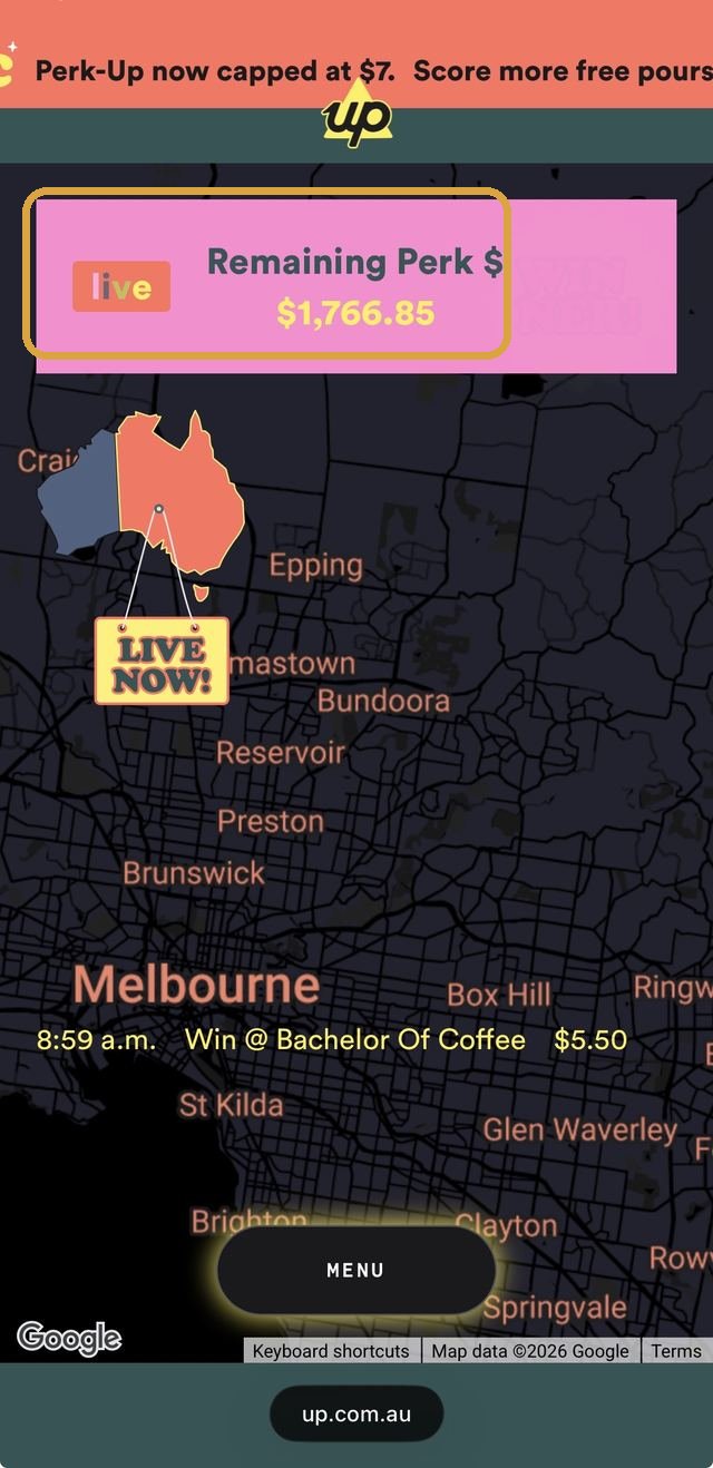 Up's Perk-Up live web page, the 'Remaining Perk $1,766.85' pool boxed, above a real-time map of where wins are happening
