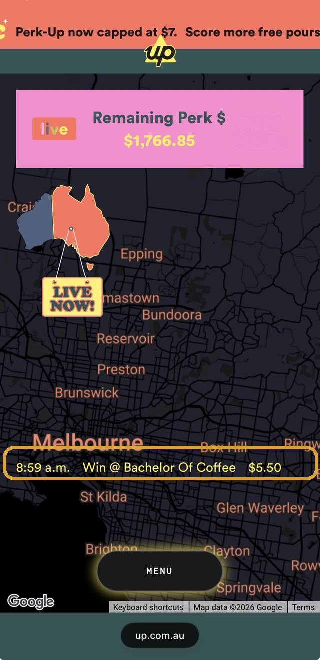 The same Perk-Up live page, the real-time win ticker boxed: '8:59 a.m., Win at Bachelor Of Coffee, $5.50'