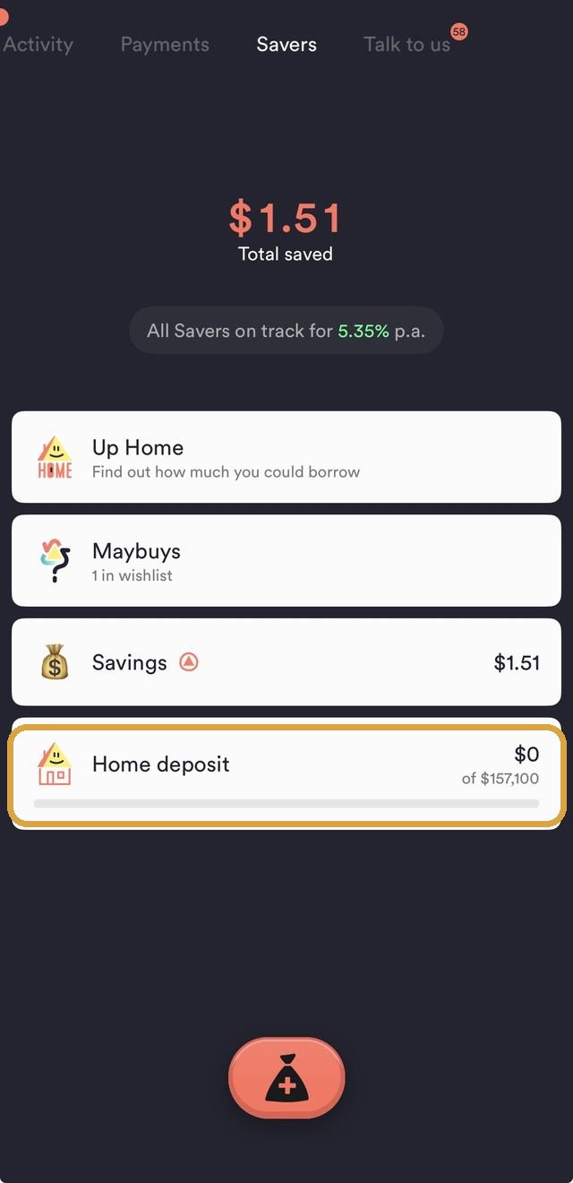 Up's Savers list, the Home deposit row boxed: its own progress bar against a real target, at $0 of $157,100